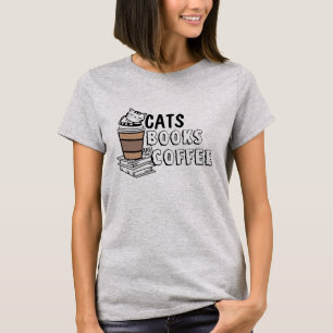 Quirky Cat Lover Tee - Cats, Books, and Coffee