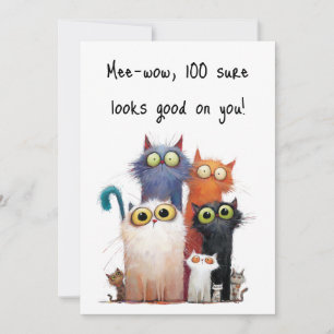 Quirky Cats with Big Eyes 100th Birthday Flat Card
