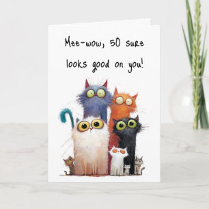 Quirky Cats with Big Eyes 50th Birthday Greeting Card