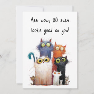 Quirky Cats with Big Eyes 80th Birthday Flat Card