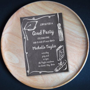 Quirky Chalkboard Unique Hand Drawn Grad Party Invitation