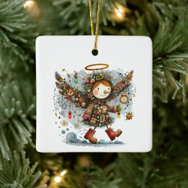 Quirky Christmas Angel Modern Art Style Ceramic Ornament (Tree)
