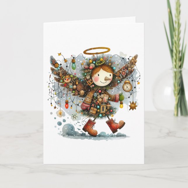 Quirky Christmas Angel Modern Folk Art Style Card (Front)