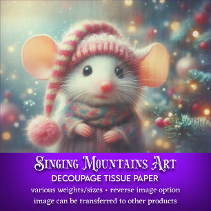 Quirky Christmas Mouse Rustic Winter Art Decoupage Tissue Paper