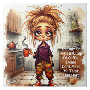 Quirky Coffee Lady 1st Cup Ceramic Tile