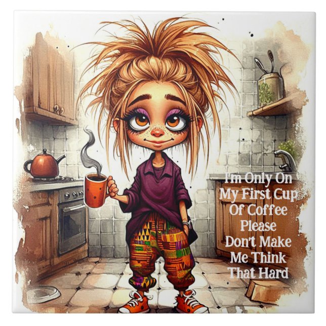 Quirky Coffee Lady 1st Cup Ceramic Tile (Front)