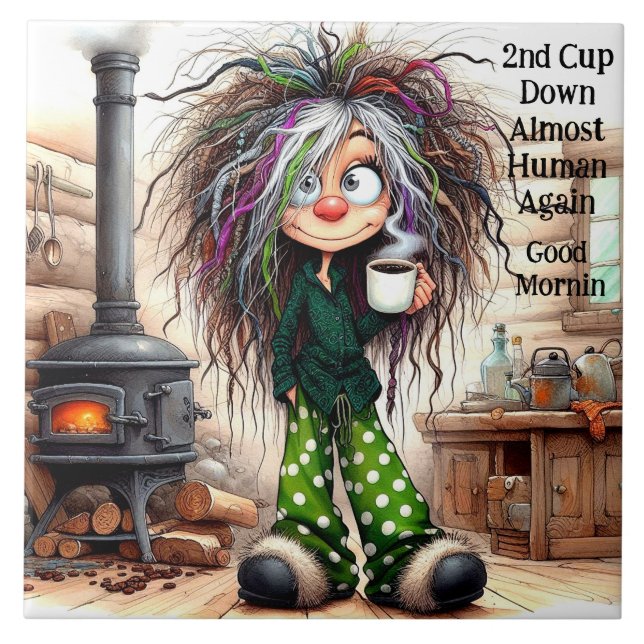 Quirky Coffee Lady Almost Human Ceramic Tile (Front)