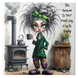 Quirky Coffee Lady Empty Cup Ceramic Tile