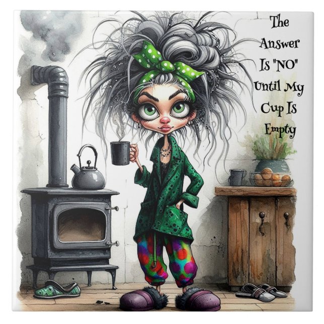 Quirky Coffee Lady Empty Cup Ceramic Tile (Front)