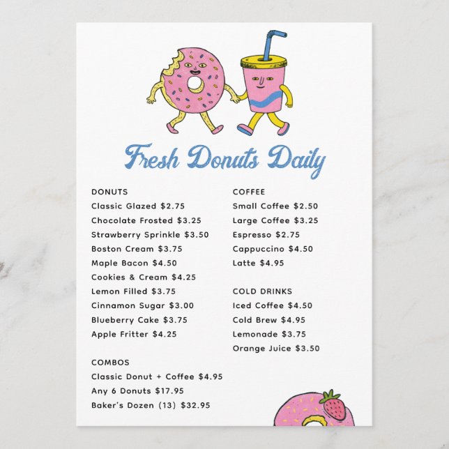 Quirky Coffee Shop & Doughnut Cafe | Playful Baker Menu (Front)