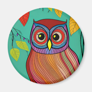 Quirky Colorful Folk Art Abstract Owl Magnet