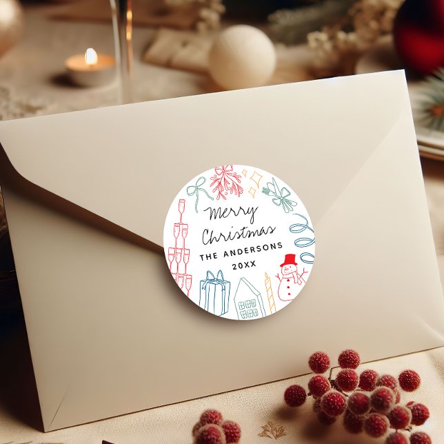 Quirky Colourful Christmas Hand drawn Doodle  Classic Round Sticker (Creator Uploaded)