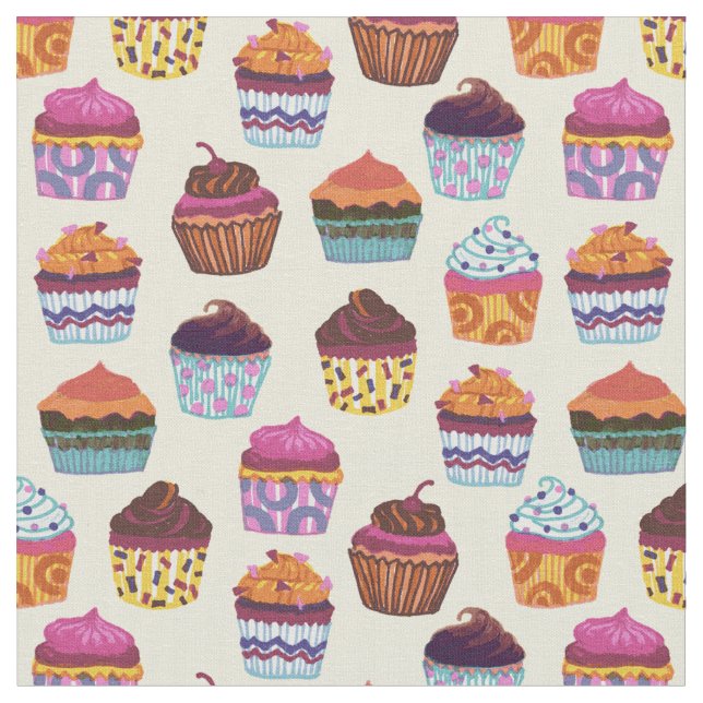 Quirky Colourful Cupcakes Illustration Pattern Fabric (Close Up)