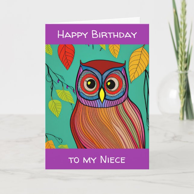 Quirky Colourful Folk Art Abstract Owl Birthday Card (Front)