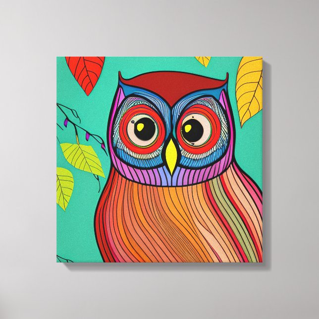 Quirky Colourful Folk Art Abstract Owl Canvas Print (Front)