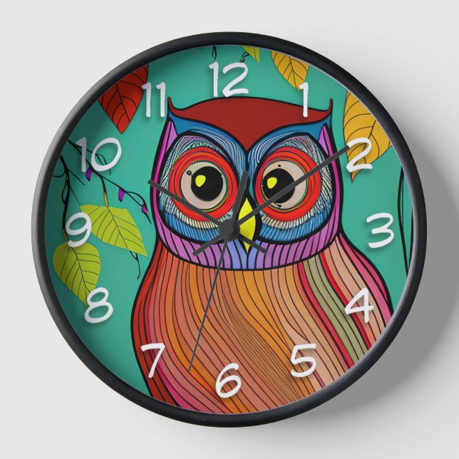 Quirky Colourful Folk Art Abstract Owl Clock (Front)