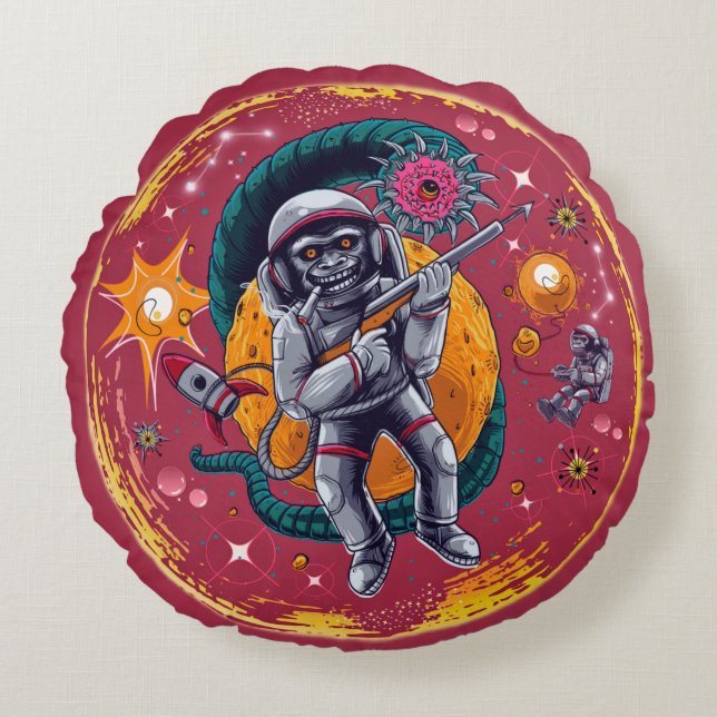 Quirky Colourful Monkeys in Space Round Cushion (Front)