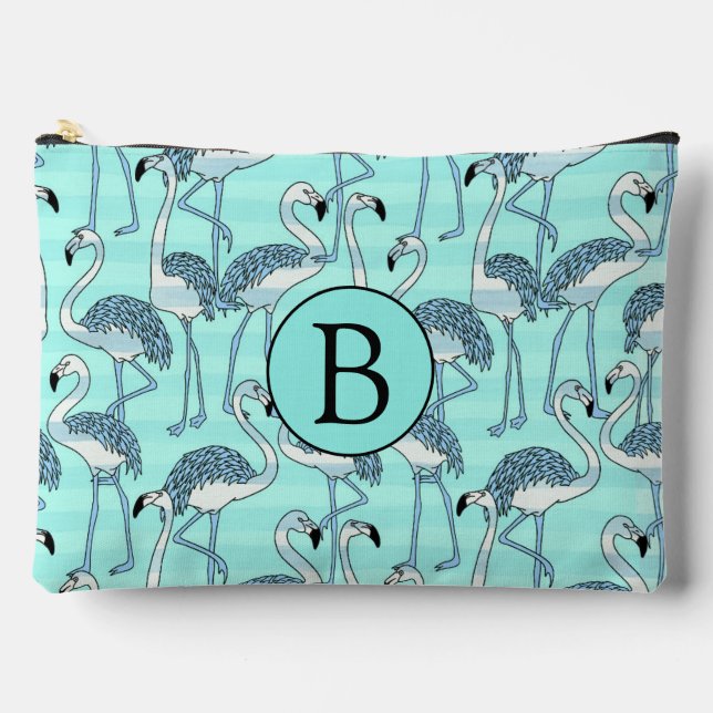 Quirky Cool Striped Blue Flamingo Pattern Monogram Accessory Pouch (Front)