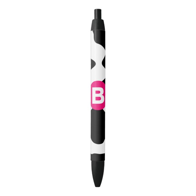 Quirky Cow Patch Pattern Pink Monogram Black Ink Pen (Front Vertical)
