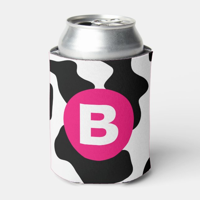 Quirky Cow Patch Pattern Pink Monogram Can Cooler (Can Front)