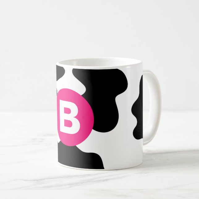 Quirky Cow Patch Pattern Pink Monogram Coffee Mug (Front Right)