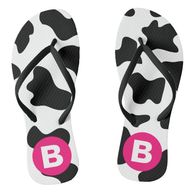 Quirky Cow Patch Pattern Pink Monogram Flip Flops (Footbed)