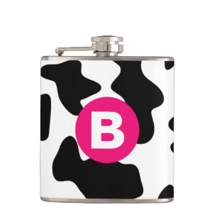 Quirky Cow Patch Pattern Pink Monogram Hip Flask