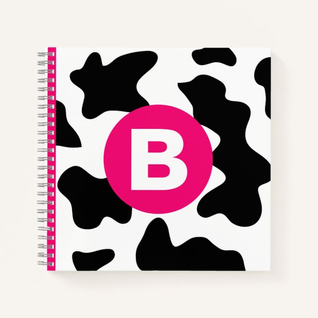 Quirky Cow Patch Pattern Pink Monogram Notebook (Front)