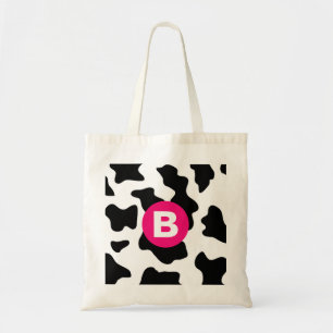 Quirky Cow Patch Pattern Pink Monogram Tote Bag