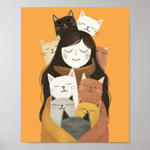 Quirky Crazy Cat Lady with Cute Cats Yellow Poster