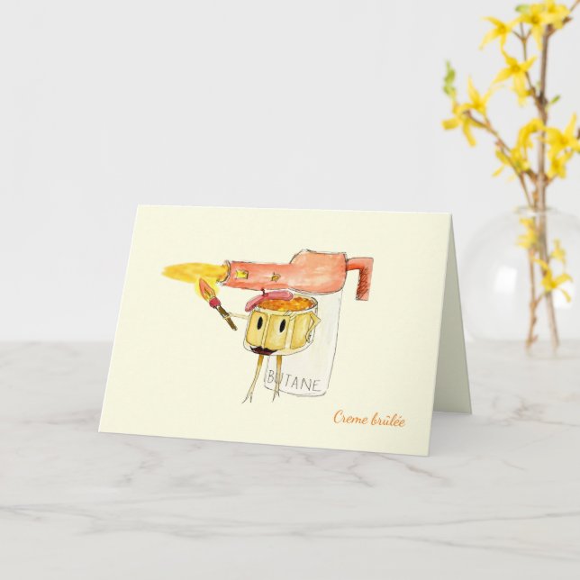 Quirky Creme Brulee Dessert Funny Cartoon Humor Card (Yellow Flower)