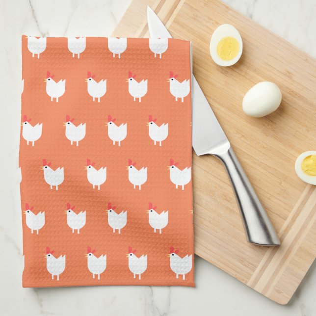 Quirky Cute Chicken Pattern Orange Tea Towel (Quarter Fold)