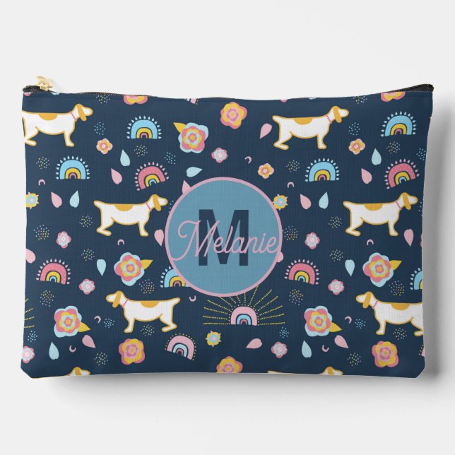 Quirky Cute Dog Rainbow Pattern Blue Personalised Accessory Pouch (Front)