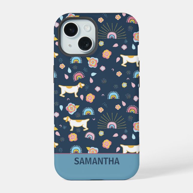Quirky Cute Dog Rainbow Pattern Blue Personalised iPhone 15 Case (Back)
