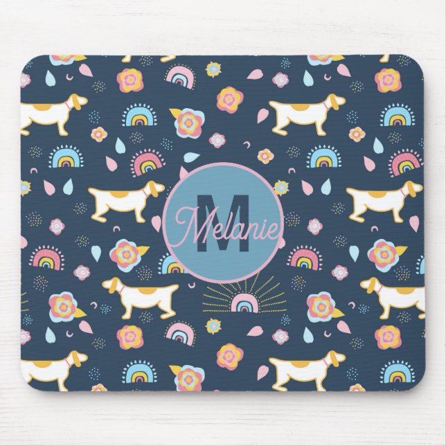 Quirky Cute Dog Rainbow Pattern Blue Personalised Mouse Mat (Front)