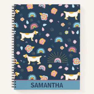 Quirky Cute Dog Rainbow Pattern Blue Personalised Notebook