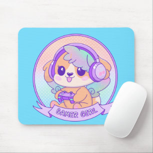 Quirky cute Kawaii Video Gamer Girl Dog Mouse Mat