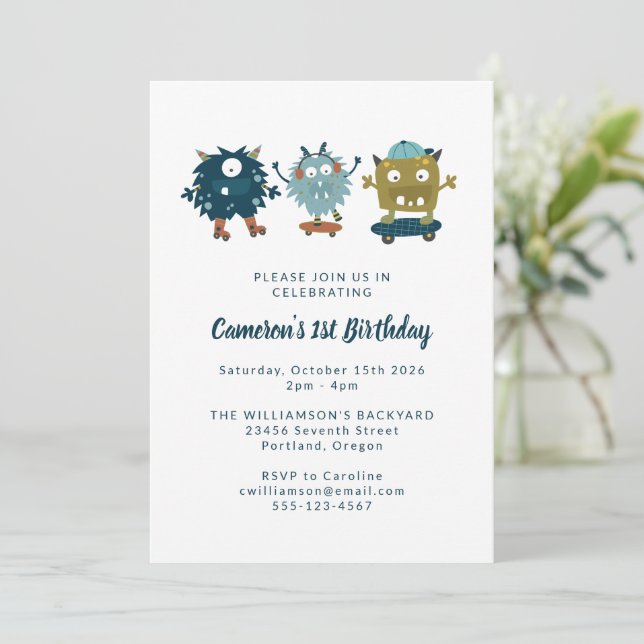Quirky Cute Skateboard Monsters 1st Birthday Party Invitation (Standing Front)