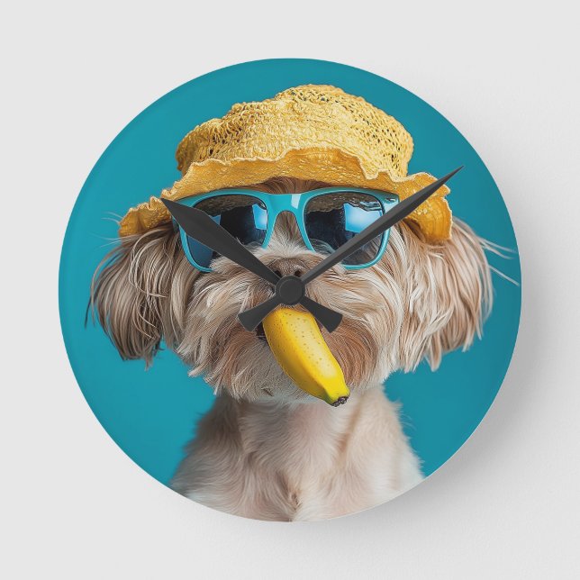 Quirky Dog Wall Clock with Sunglasses, Hat, and Ba (Front)
