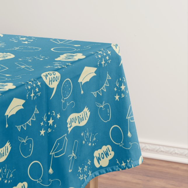 Quirky Doodle Blue Graduation Party Tablecloth (In Situ)