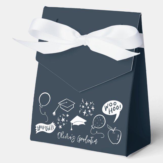 Quirky Doodle Graduation Party Navy Blue Favour Box (Front)