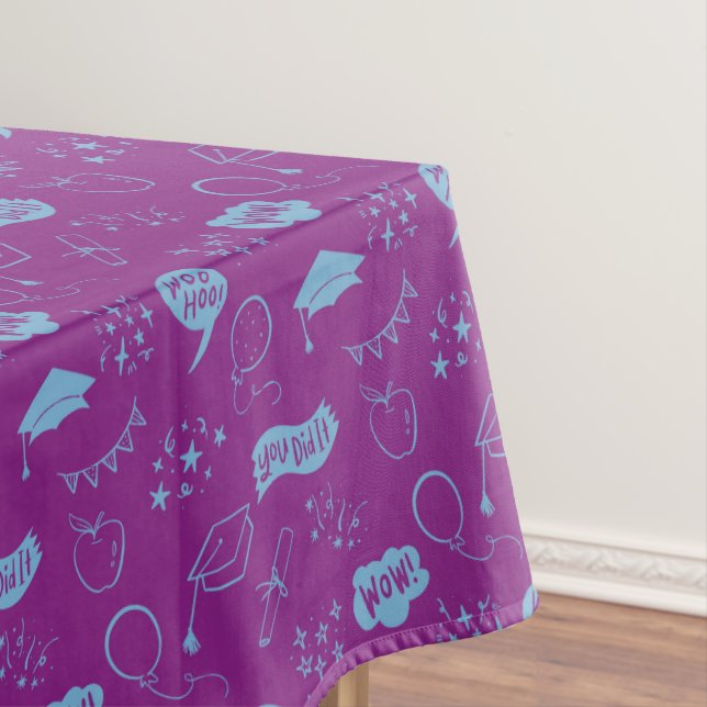 Quirky Doodle Purple Blue Graduation Party Tablecloth (In Situ)