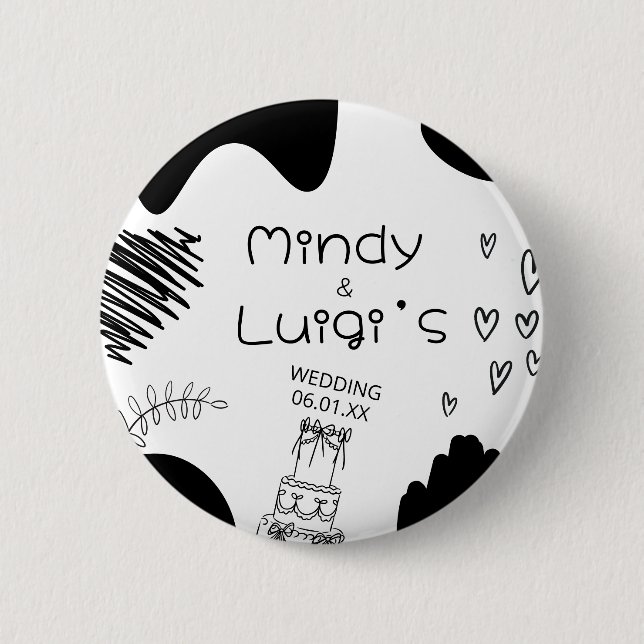 Quirky Doodle Shapes Script Wedding 6 Cm Round Badge (Front)