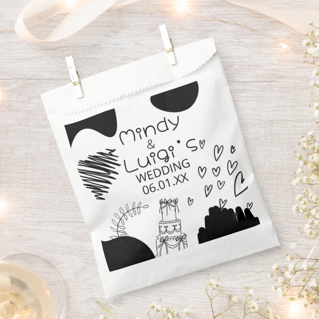 Quirky Doodle Shapes Script Wedding Favour Bags (Clipped)