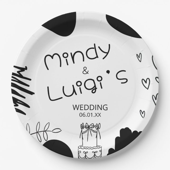 Quirky Doodle Shapes Script Wedding Paper Plate (Front)