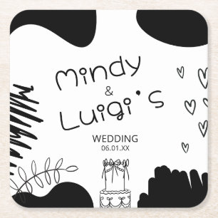 Quirky Doodle Shapes Script Wedding Square Paper Coaster