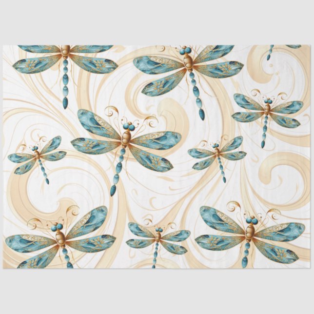 Quirky Dragonfly Pattern in Aqua and Gold Tissue Paper (Front)