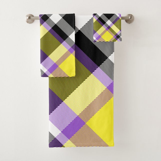 Quirky Eclectic Boho Nonbinary Plaid Pride Flag Bath Towel Set (Insitu)