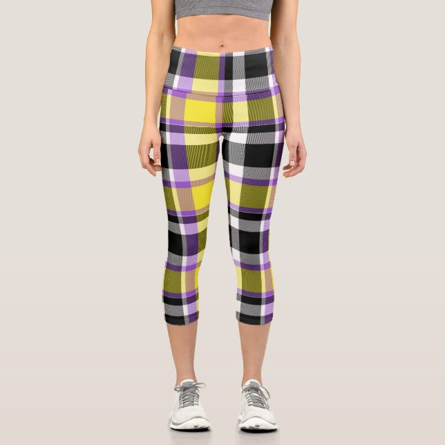 Quirky Eclectic Boho Nonbinary Plaid Pride Flag Capri Leggings (Front)