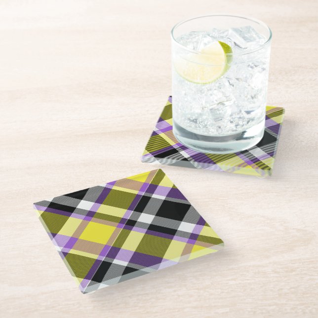 Quirky Eclectic Boho Nonbinary Plaid Pride Flag Glass Coaster (Angled)